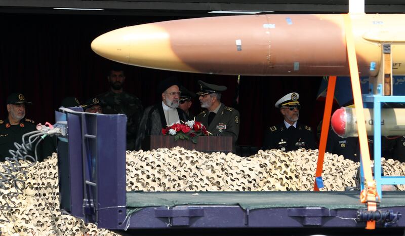 Iranian President Ebrahim Raisi  watches as a drone passes during the annual Army Day in a military base in Tehran, Iran, on Wednesday. Photograph: Abedin Taherkenareh/EPA