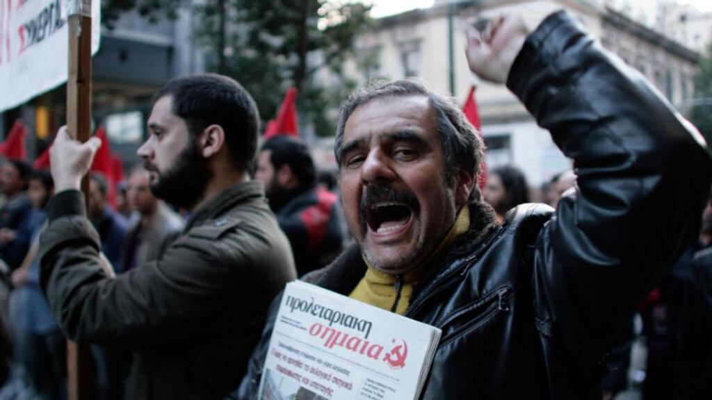 Protesters in an anti-austerity rally in Athens. Immense sacrifices were supposed to produce recovery but instead the destruction of purchasing power deepened the slump, creating depression-level suffering and a huge humanitarian crisis. Photograph: Milos Bicanski/ Getty Images