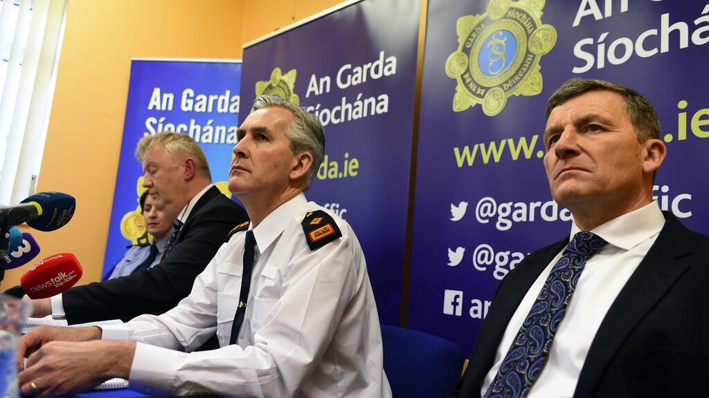 Garda Breda O’Donoghue, Det Walter O’Sullivan, Supt Flor Murphy and Det John Brennan  at the Kerry Babies press conference in Cahersiveen Garda station on Tuesday. Photograph: Don MacMonagle