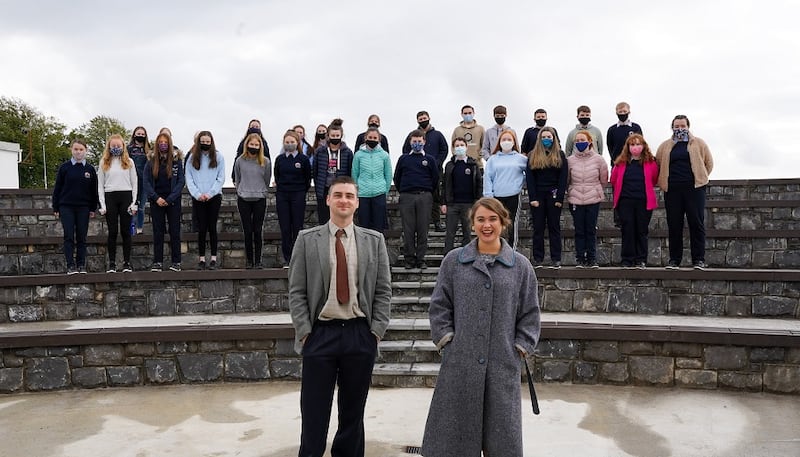 Druid Theatre's Liam Heslin and Megan Cusack in costume, following a performance of, and a post-show discussion about, On the Outside (by Tom Murphy (with Noel O’Donoghue)) in Glenamaddy Community College as part of the DruidGregory programme.