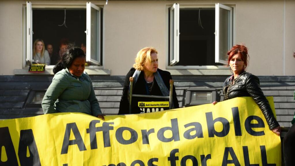 Ruth Coppinger TD and other Anti Austerity Alliance protesters on September 22nd, 2015 at Diswellstown Manor, off Porterstown Road, Luttrelstown, Castleknock, Dublin. Photograph: Dara Mac Dónaill/The Irish Times