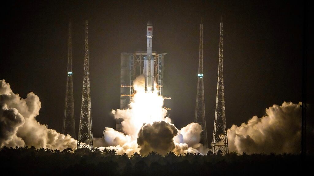 A Long March 7 rocket carrying the Tianzhou-2 spacecraft lifts off from the Wenchang Space Launch Center in southern China’s Hainan Province on May 29th, 2021. Photographg: Chinatopix via AP