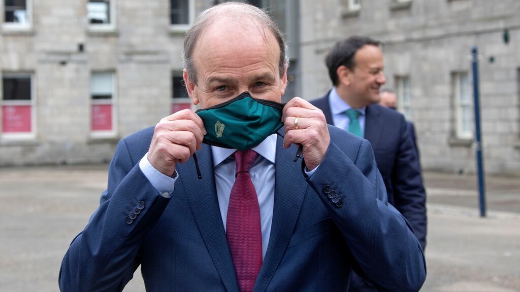 Taoiseach Micheál Martin, pictured with Tánaiste Leo Varadkar in Dublin on Tuesday, ahead of the Fianna Fáil parliamentary party meeting. Photograph: Colin Keegan/Collins Dublin