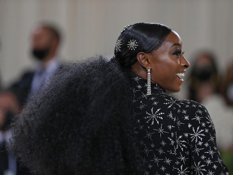 Gymnast Simone Biles wore a 45kg gown, inspired by showgirls and in celebration of performance, by the design duo Area and Biles’s sponsor Athleta