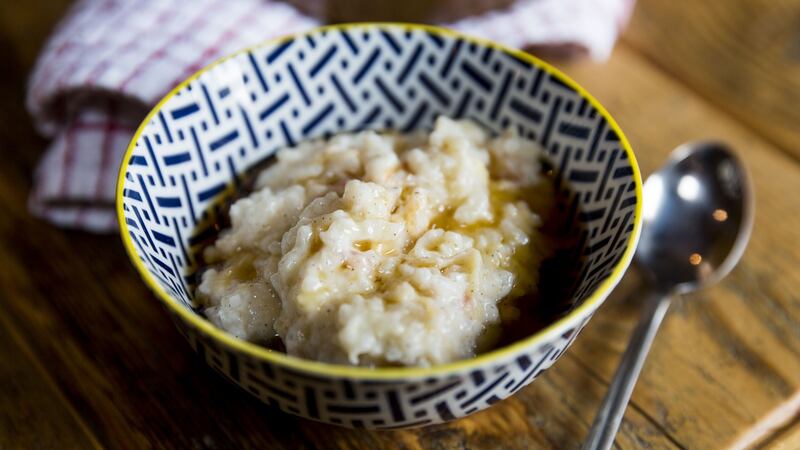 Rice pudding with cinnamon, cardamom, apple & maple syrup. Photograph: Emma Jervis