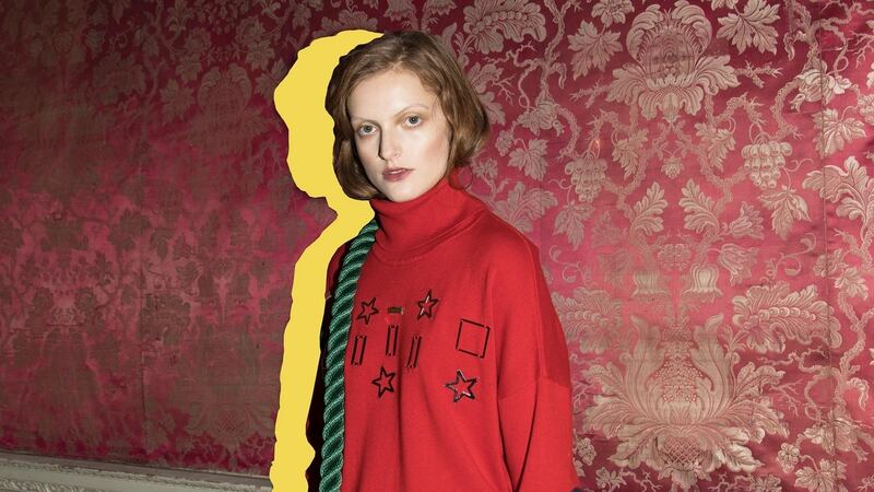 Cashmere mix hardware polo €120, stripe sequin pellets skirt €400, bag taken from black leather harness €350