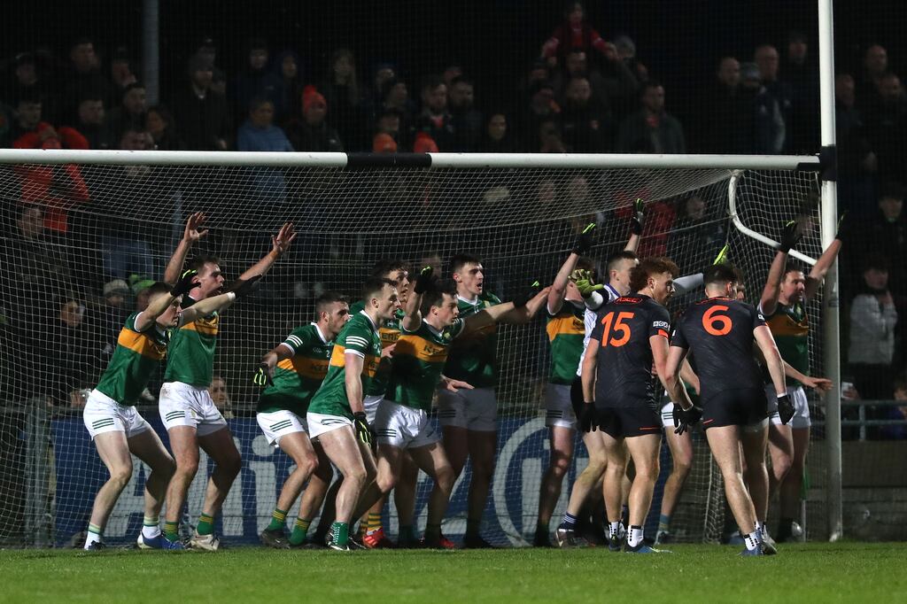 Kerry players defend the goal during the last Armagh attack during the Allianz Football League Division One game at Austin Stack Park in Tralee. Photograph: Bryan Keane/Inpho