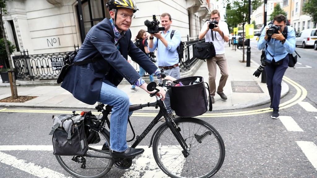 BBC presenter Jeremy Vine pictured leaving Broadcasting House. He is one of a group of senior male employees to take a pay cut.