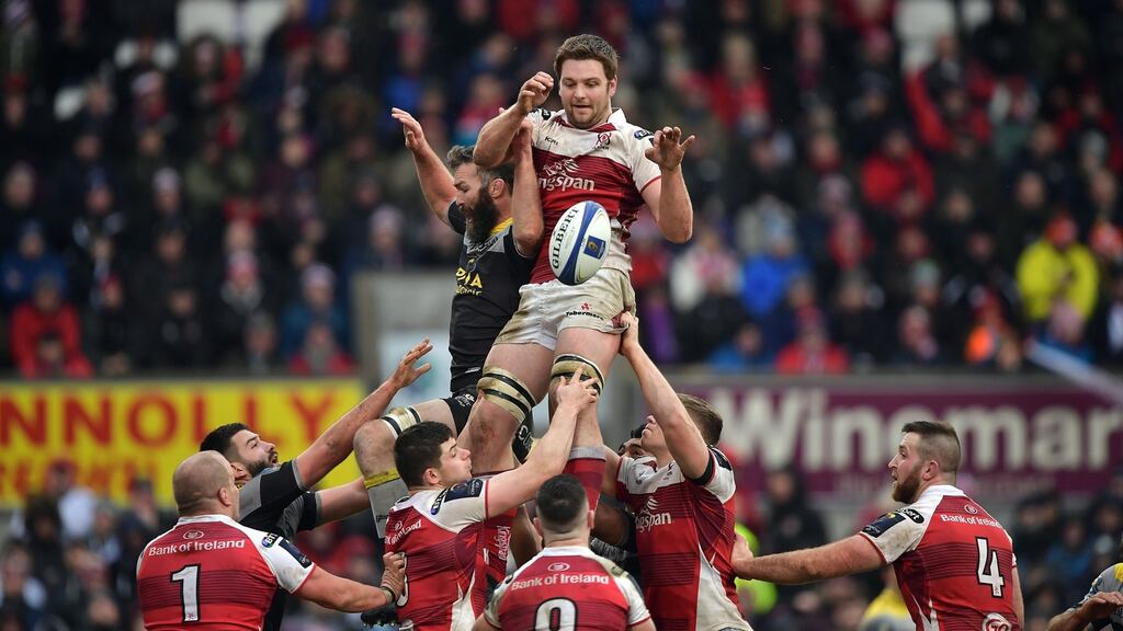 Iain Henderson collects a lineout ball during the win over La Rochelle at Kingspan Stadium. Photograph: Charles McQuillan/Getty Images