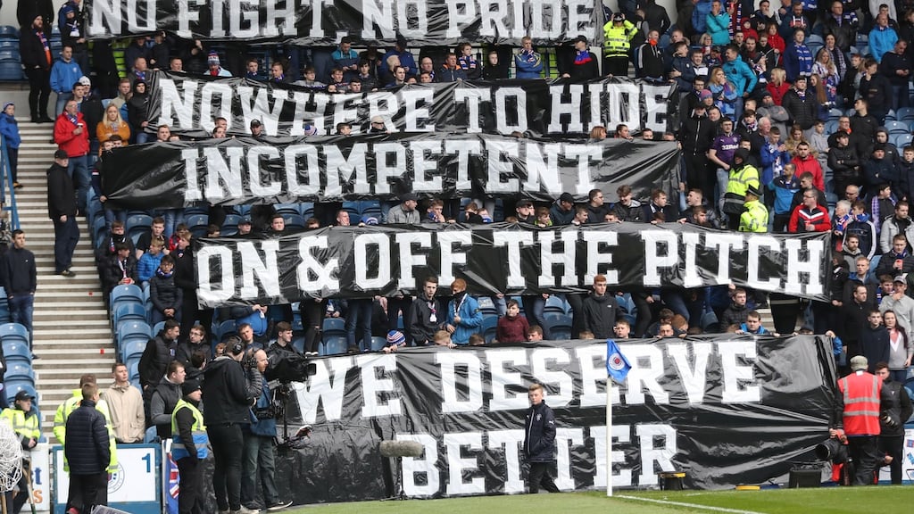 Rangers fans display banners during the league match between Rangers and Hearts at Ibrox on April 22nd, 2018. Photograph: Getty Images