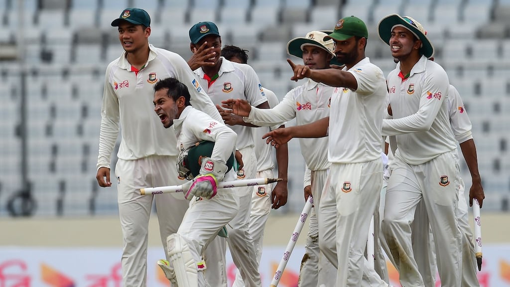 Bangladeshi captain Mushfiqur Rahim celebrates after his side beat Australia at the Sher-e-Bangla National Cricket Stadium in Dhaka. Photo: Munir Uz Zaman/Getty Images