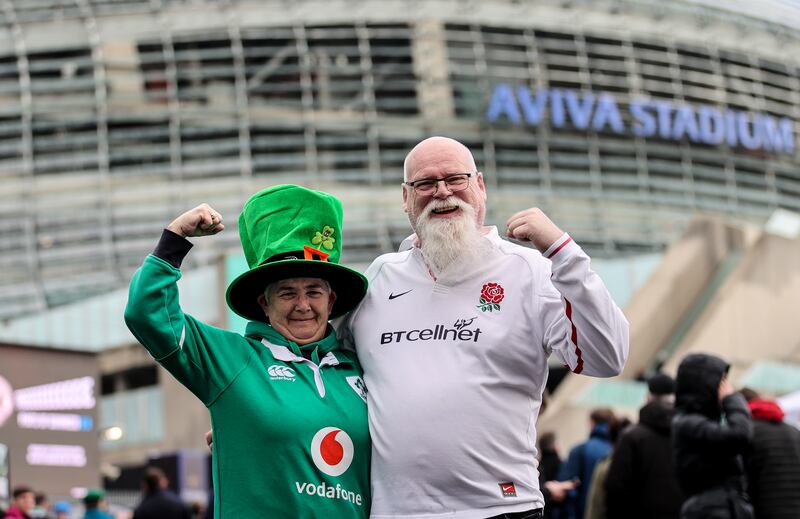 Patricia and Alyn Smith from Bedfordshire before the game between Ireland and England at the Aviva Stadium. Photograph: James Crombie/Inpho
