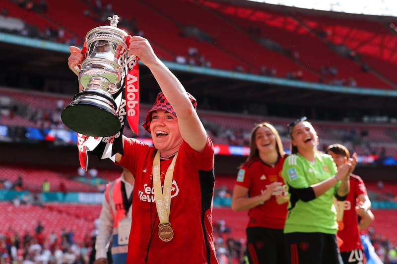 Aoife Mannion of Manchester United and Ireland celebrates the FA Cup final victory over Tottenham Hotspur at Wembley. Photograph: James Gill/Danehouse/Getty Images
