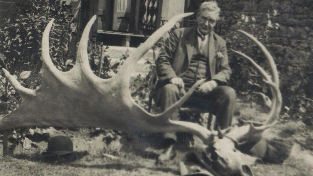 Grandfather James Michael Duffy and his house are diminished to Lilliputian proportions by the presence in the foreground of the skull and antlers of a giant Irish deer’