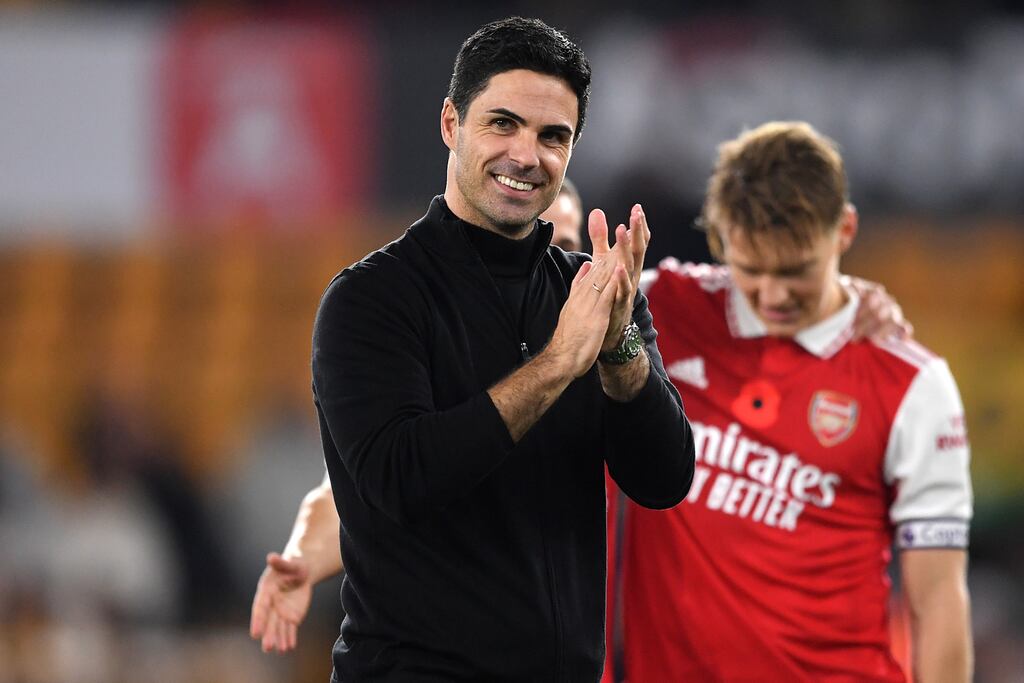 Mikel Arteta celebrates Saturday night's victory over Wolves. Photograph: Harriet Lander/Getty Images
