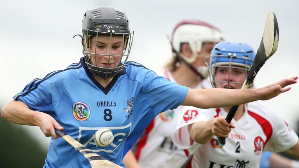 Dublin’s Miriam Twomey is tackled by Derry’s Megan Kerr during the Group Two clash at Swatragh, Derry. Photograph: Lorcan Doherty/Presseye/Inpho