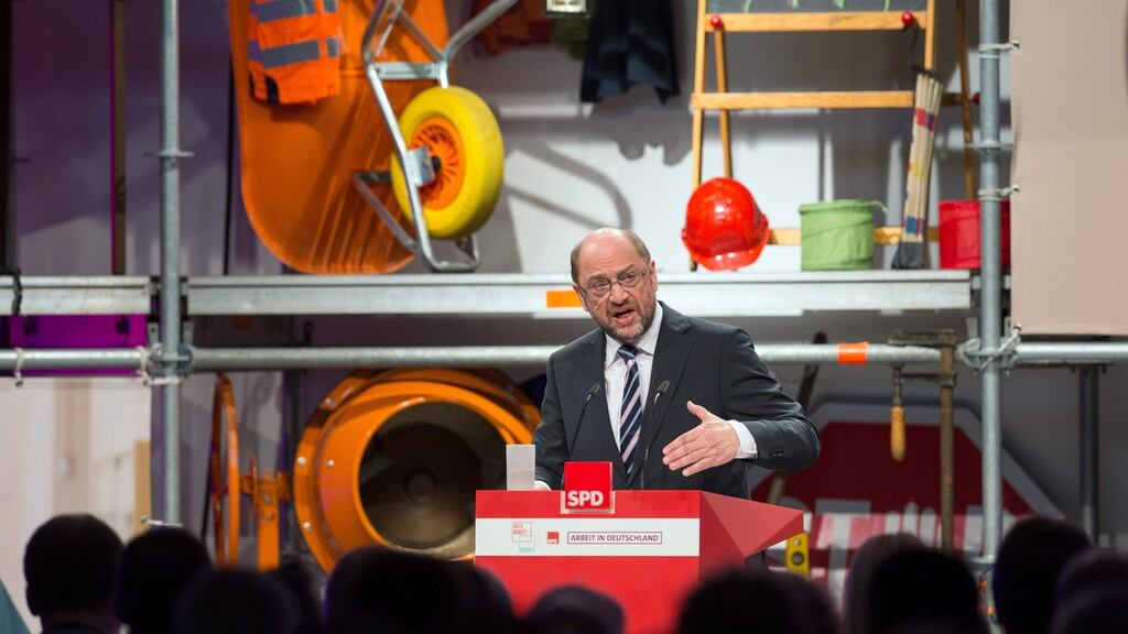 Scorching analysis: Martin Schulz diagnoses Germany’s ills in Bielefeld. Photograph: Friso Gentsch/AFP/Getty