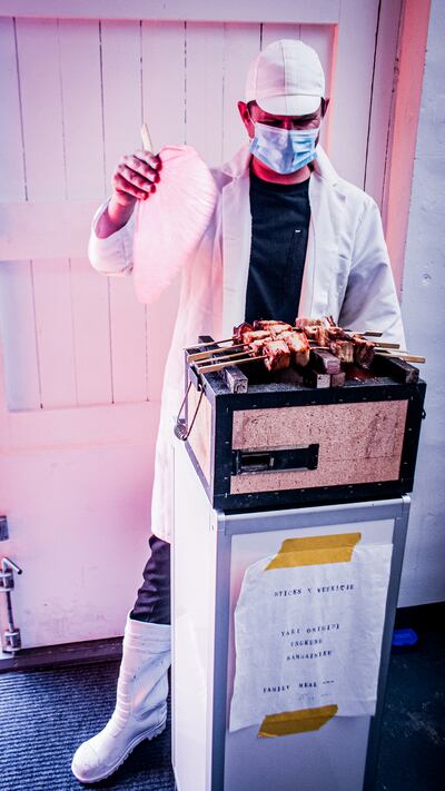 Jonny Boyle at work using the converted airline trolley.