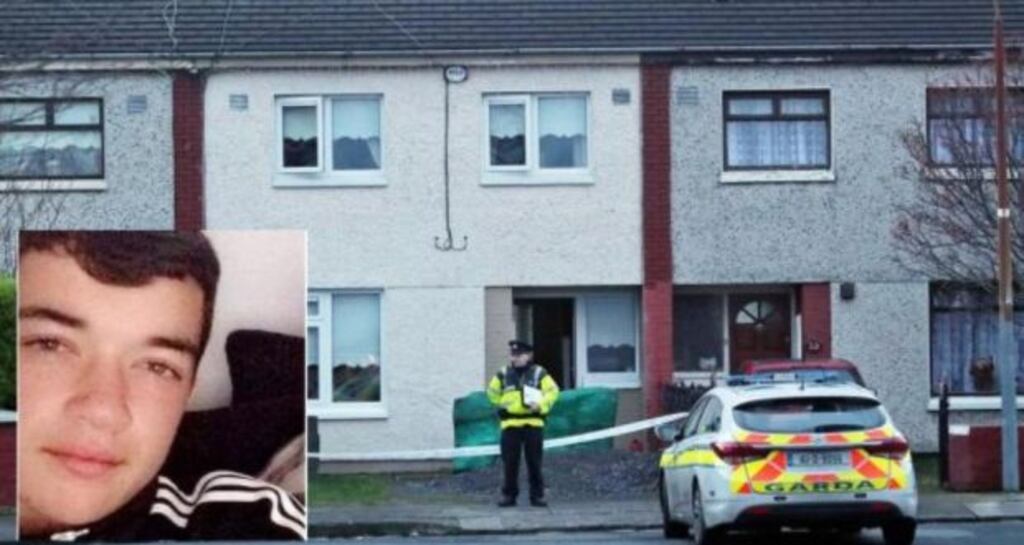 Gardaí at the scene of the fatal stabbing of Reece Cullen (inset) at Kilclare Crescent, Jobstown, Dublin in January 2017. Photograph: Colin Keegan/Collins