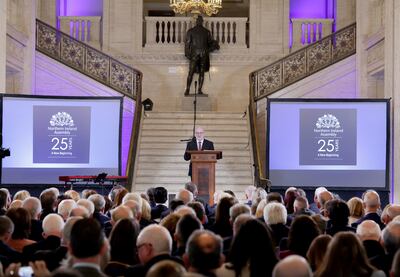 Assembly Speaker Alex Maskey addresses the gathering at the 25th anniversary of the Belfast Agreement in Stormont's Great Hall. Photograph: William Cherry/Presseye/PA