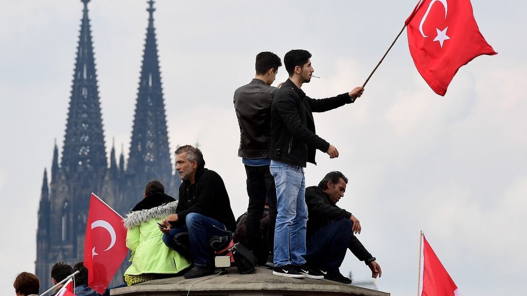 Tensions rise on Sunday as about 40,000 supporters of president Recep Tayyip Erdogan gather in Cologne in support of the Turkish leader, who had hoped to give a video address.Photograph: Sascha Steinbach/Getty Images