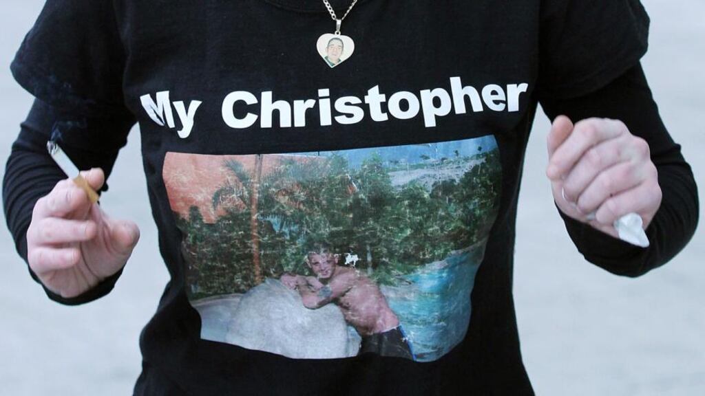 Lisa Nevin wore this top in memory of her partner, Christopher Nevin, at the Central Criminal Court in Dublin last November. Photograph: Collins