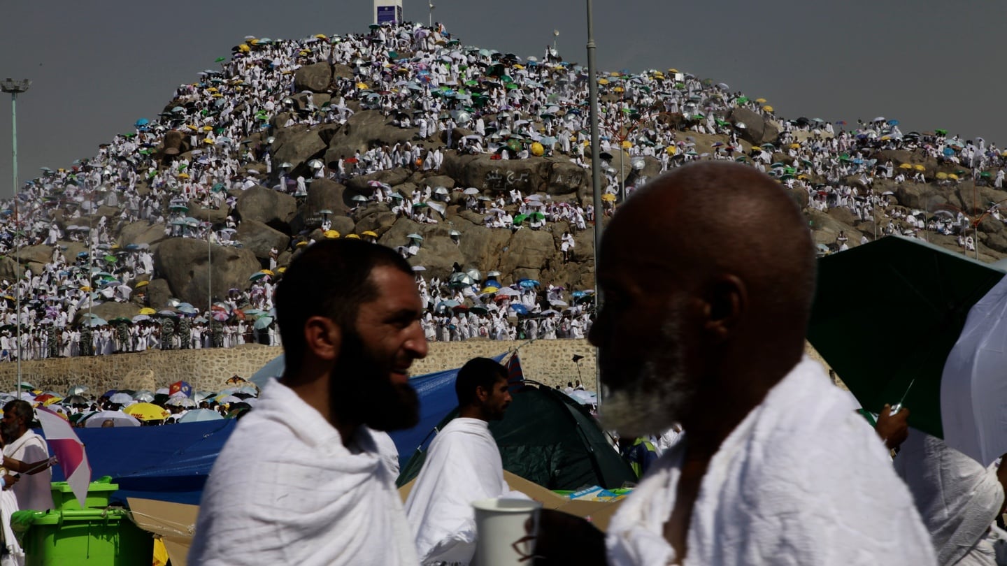 During the second day of the hajj, pilgrims pray at Mount Arafat in Mecca, Saudi Arabia. Photograph: Diaa Hadid/New York Times
