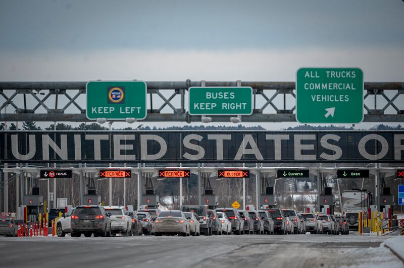 Cars wait in line to enter the US at the Canada-US border in Blackpool, Quebec, Canada. Canada will hit back at US tariffs with 25 per cent levies of its own on select American goods, prime minister Justin Trudeau has said. Photograph: Andrej Ivanov/AFP via Getty Images