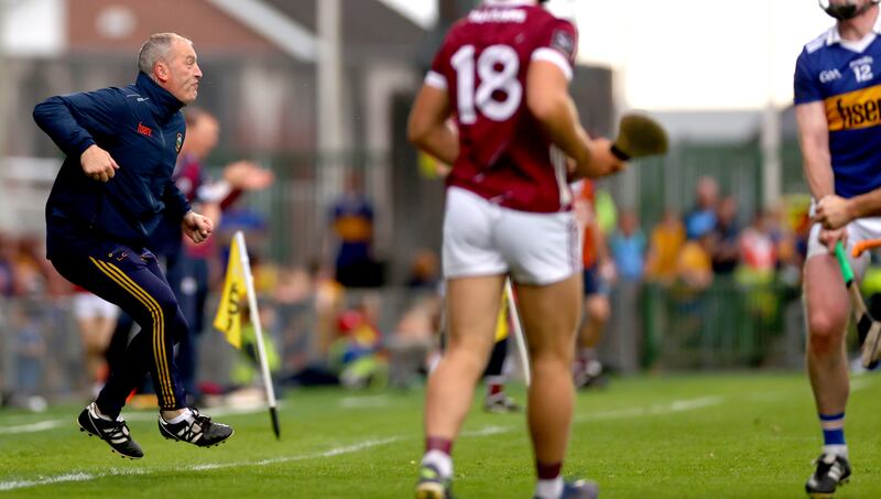 An excited Tipperary manager Liam Cahill on the sideline during the All-Ireland hurling quarter-final against Galway. File photograph: James Crombie/Inpho