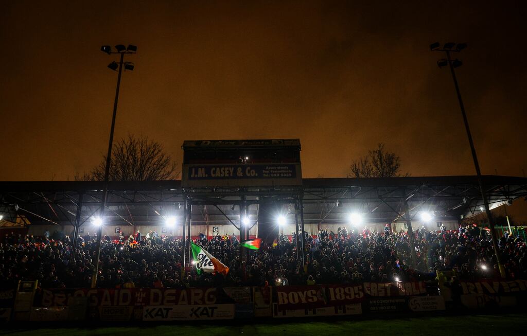 Tolka Park was plunged into darkness on Friday when Damien Duff's Shelbourne hosted Derry City. Photograph: Ryan Byrne/Inpho