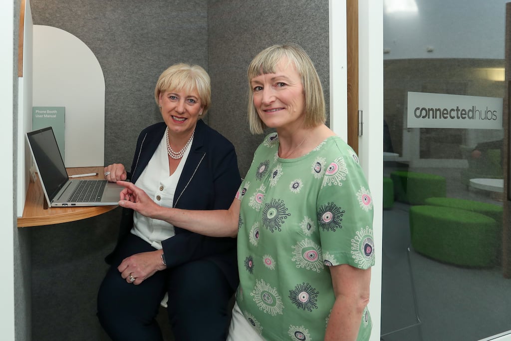 Minister for Rural and Community Development Heather Humphreys is shown a connected hub by Sarah Daly, executive director of Creative Spark, a centre for creativity and innovation, in Dundalk, Co Louth. Photograph: Julien Behal
