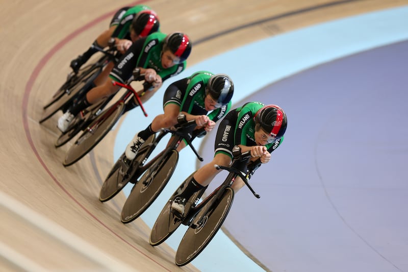 Ireland's Lara Gillespie, Mia Griffin, Kelly Murphy and Alice Sharpe during the 2024 Track Nations Cup at the Adelaide Superdrome on February 2024 in Australia. Photograph: Sarah Reed/Getty Images