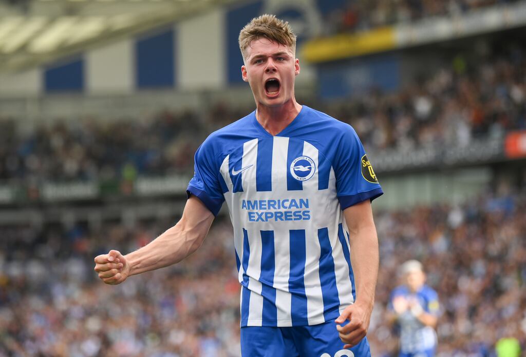 Evan Ferguson of Brighton & Hove Albion celebrates after scoring the team's fourth goal. Photograph: Mike Hewitt/Getty