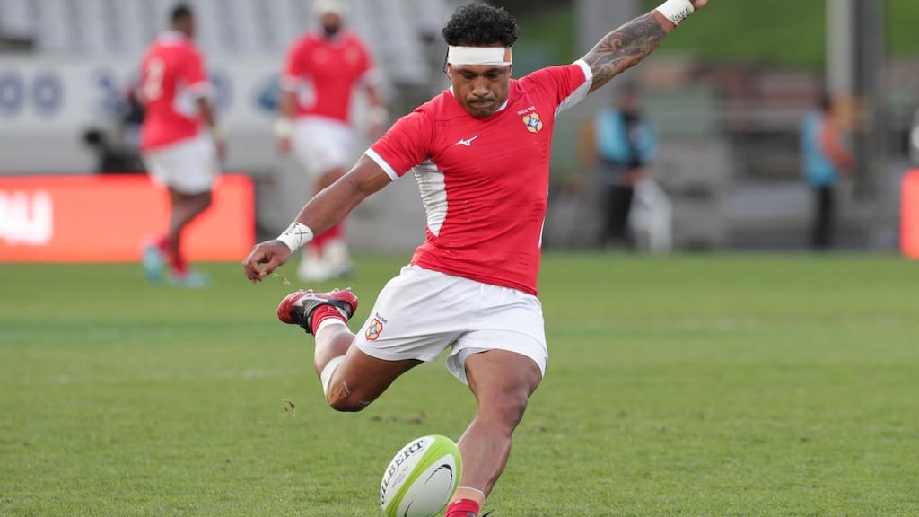 Sonatane Takulua kicks for goal during a RWC warm-up clash with Fiji. Photograph: Dave Rowland/Getty