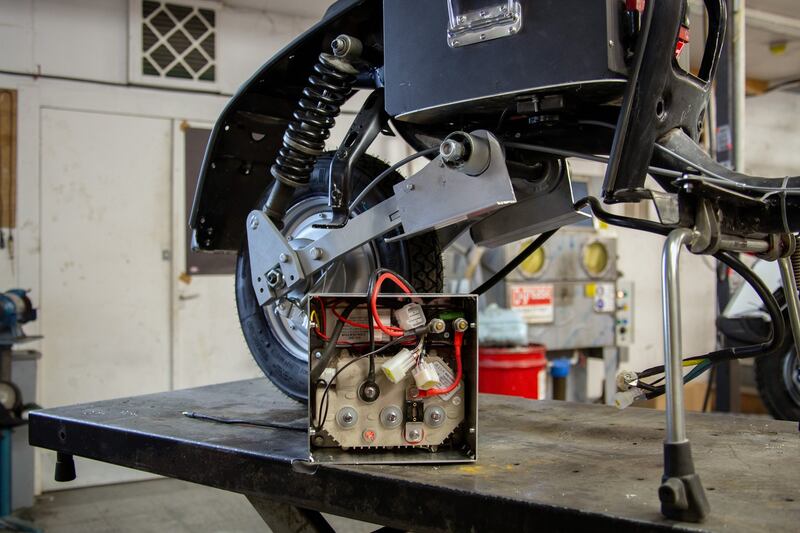 The control box for a newly electric scooter. Photograph: Sophie Stafford/New York Times