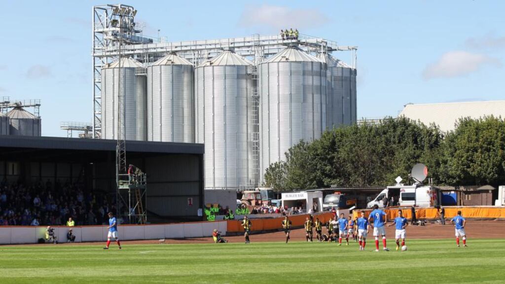 Berwick Rangers players celebrate a goal scored against Rangers in their home ground in Berwick-upon-Tweed, England. As close to Edinburgh as it is to Newcastle, its football team plays in the Scottish league. Photograph: Ian MacNicol/Getty Images