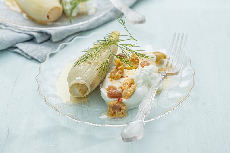 Mozzarella, fennel, olive and raisin vinaigrette. Photograph: Harry Weir Photography