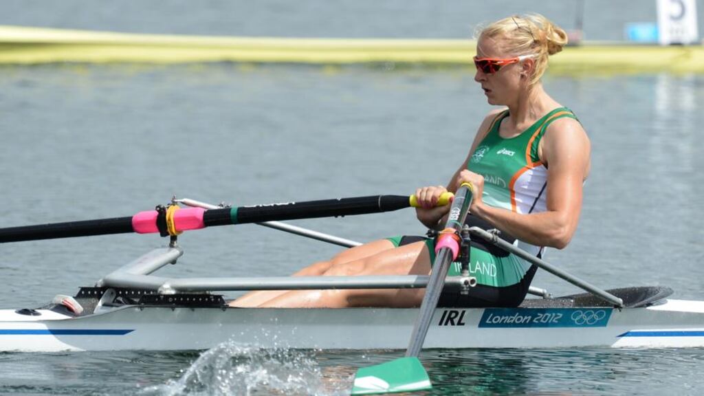 Claire Lambe’s task in her heat at the World Cup regatta at Dorney Lake is to finish in the top two of four, with the eventual aim a top-three place in a field of 10. Photograph: Francisco Leong/AFP/Getty Images.