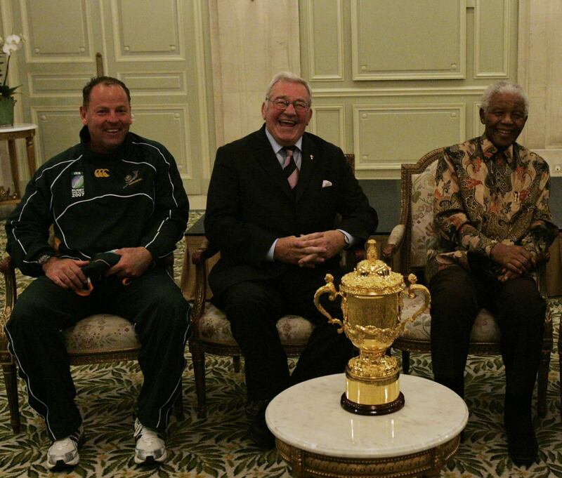 Syd Millar pictured with South Africa coach Jake White and former South African president Nelson Mandela in 2007. Photograph: Tertius Pickard/Gallo Images/Getty Images