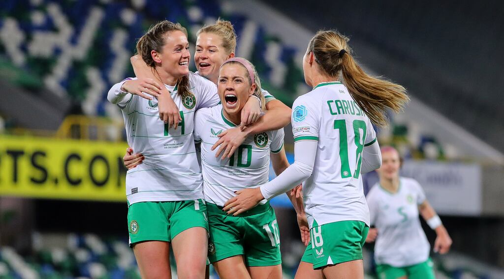 The Republic of Ireland’s Heather Payne celebrates scoring her side's second goal with Ruesha Littlejohn, Denise O'Sullivan and Kyra Carusa during the win over Northern Ireland in Windsor Park on December 5th. Photograph: Ryan Byrne/Inpho