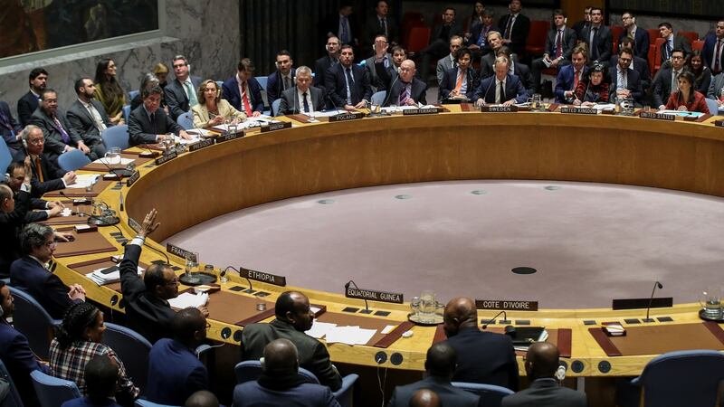 Members of the UN Security Council vote on the third draft resolution to create a new inquiry to find blame for the chemical weapons attack last week in Douma. Photograph: Drew Angerer/Getty Images