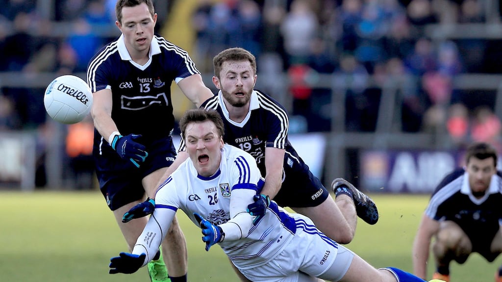 Cavan’s Gearoid McKiernan with Dean Rock and Jack McCaffrey of Dublin. Photograph: Donall Farmer/Inpho