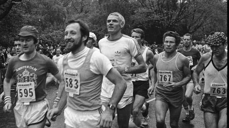 Noel Carroll (white Adidas tee-shirt) running in the 1980 Dublin Marathon. Photograph: Jack McManus