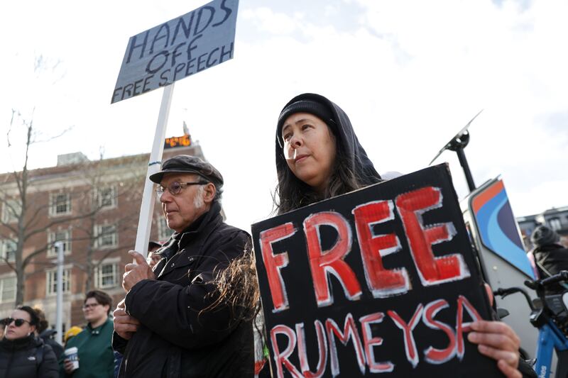 A protest at Harvard Square in Cambridge, Massachusetts, following the detention of Rumeysa Ozturk. Photograph: Taylor Coester/EPA