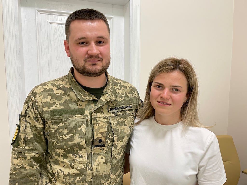 Soldier Nazar and wife Khrystyna are among many Ukrainian couples making use of free or heavily subsidised IVF treatment and storage of sperm and eggs for troops and their partners. Photograph: Daniel McLaughlin