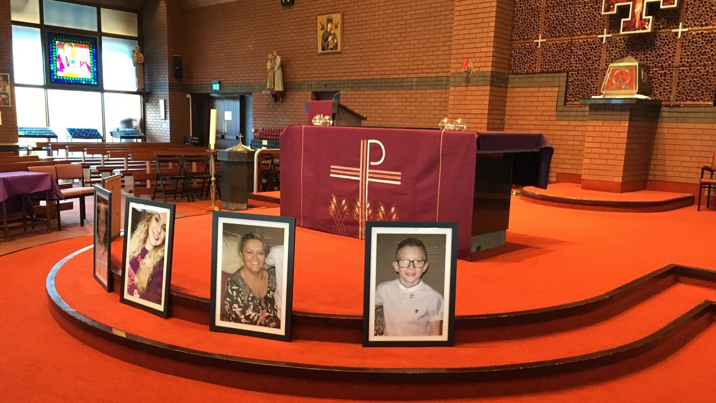 Photographs of  victims of the Buncrana pier tragedy in the Church of the Holy Family in Derry in preparation for today’s funeral service. Photograph: Peter Murtagh