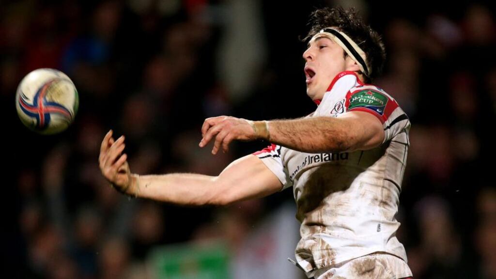 Ulster’s Sean Doyle celebrates scoring his side’s fifth try. Photograph: James Crombie/Inpho