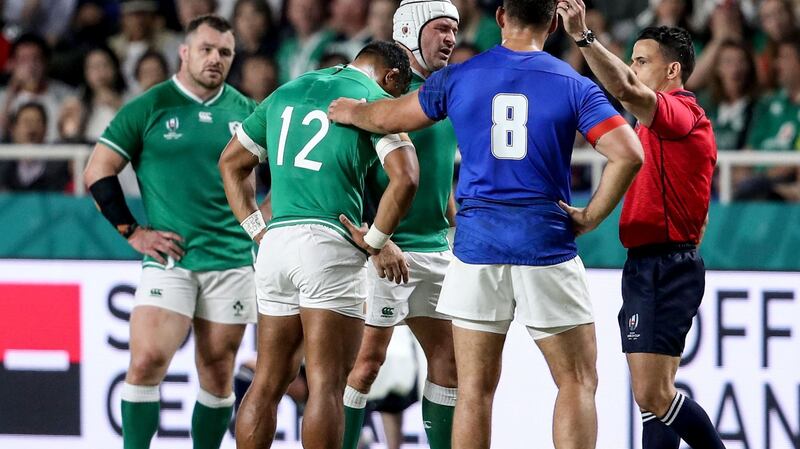 Nic Berry sent off Bundee Aki during the World Cup. Photo: Dan Sheridan/Inpho