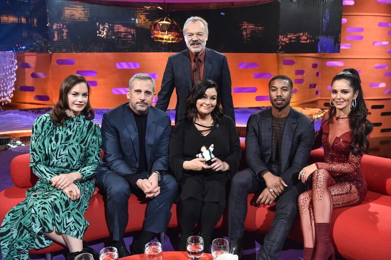 Graham Norton with tonight's guests Ruth Wilson, Steve Carell, Dawn French, Michael B Jordan and Cheryl.