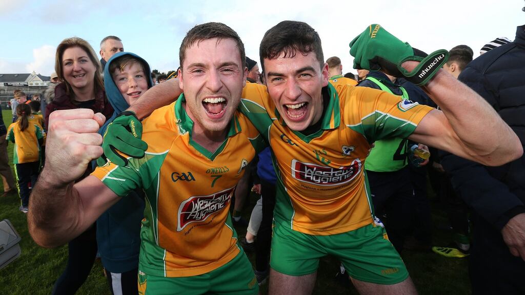 Corofin’s Dylan Wall and Jason Leonard celebrate after they beat Mountbellew/Moylough to win the Galway SFC title. Photo: Lorraine O’Sullivan/Inpho